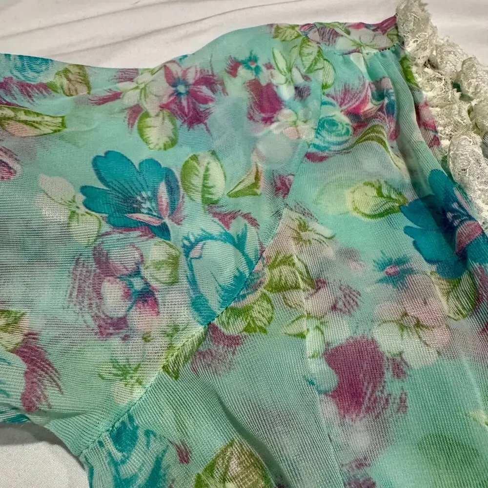 Vintage 1970s Floral Sheer Chiffon Lace Peignoir Dressing Gown Maxi Robe